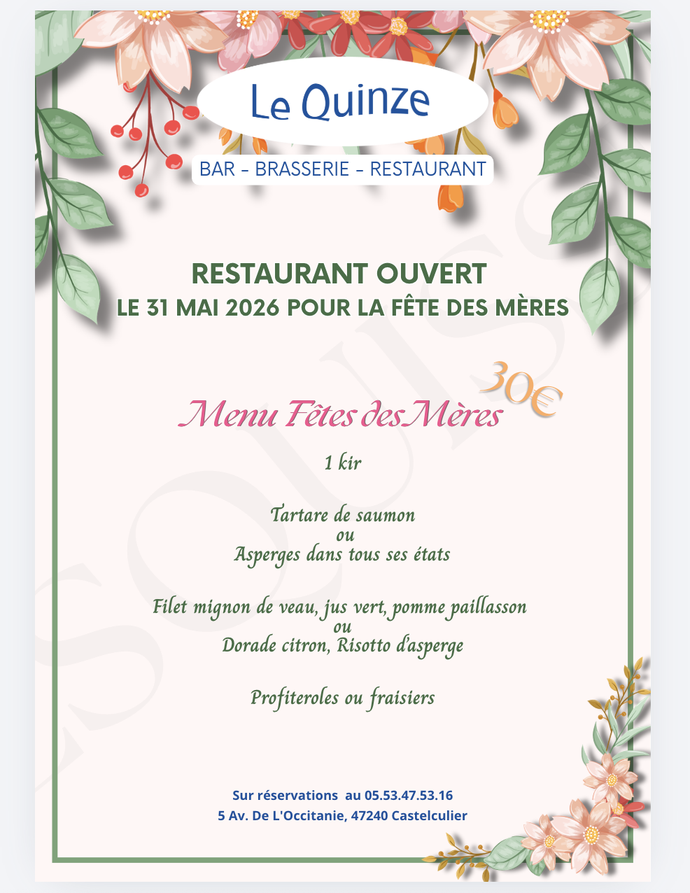 Menu pour la Fête des Mères